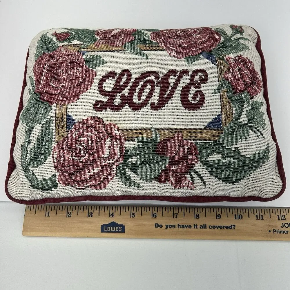 Vintage Tapestry Throw Pillow Love With Roses Home Decor Floral Grandma Wreath - Picture 5 of 8
